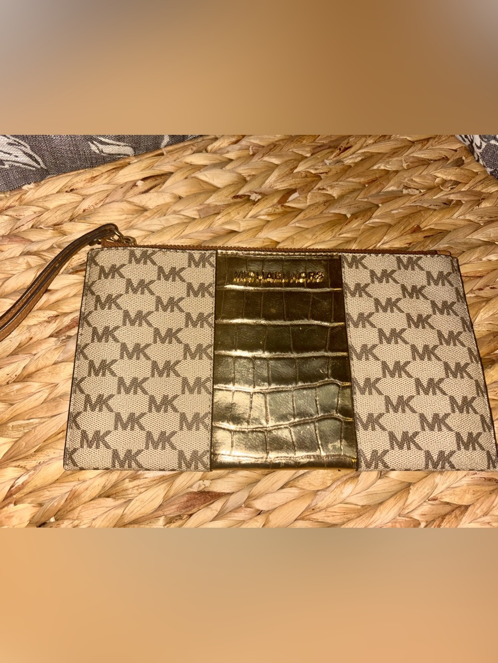 Michael Kors Beige MK Logo Wristlet with Gold Croc Accent